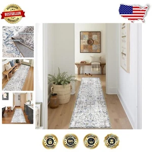 Distressed Blue Floral Indoor Runner Rug 2' x 8' - Retro & Stylish Design - Picture 1 of 11