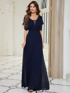 Women Long Empire Waist Bridesmaid Prom Evening Dress V Neck Chiffon Blue 12 - Picture 1 of 8