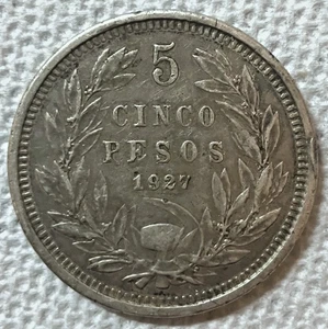 1927 So CHILE - CINCO 5 PESOS - DEFIANT CONDOR - .900 Oz SILVER  - 3/4 Oz -RARE - Picture 1 of 3