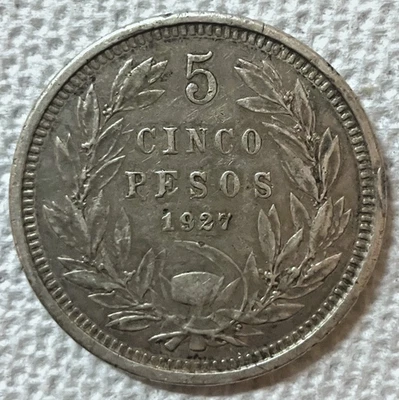 1927 So CHILE - CINCO 5 PESOS - DEFIANT CONDOR - .900 Oz SILVER  - 3/4 Oz -RARE - Image 1 of 3