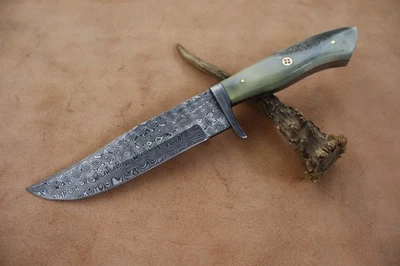 10" HANDMADE DAMASCUS STEEL SKINNER KNIFE WITH BONE HANDLE  W/SHEATH - Image 1 of 4
