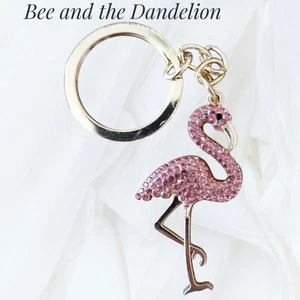 Pink Rhinestone Flamingo Gold Tone  Keyring - Picture 1 of 5