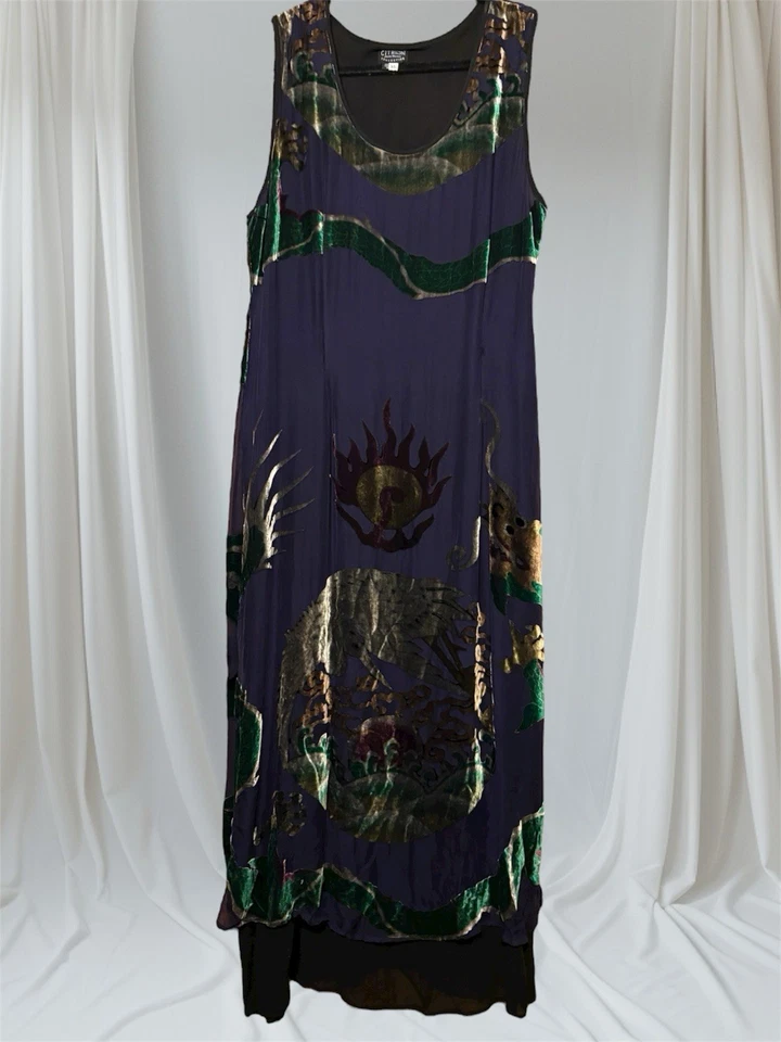 VTG 90s Citron Santa Monica  Asian Dragon Maxi Dress Sz  XL Whimsigoth Velvet - Image 1 of 4