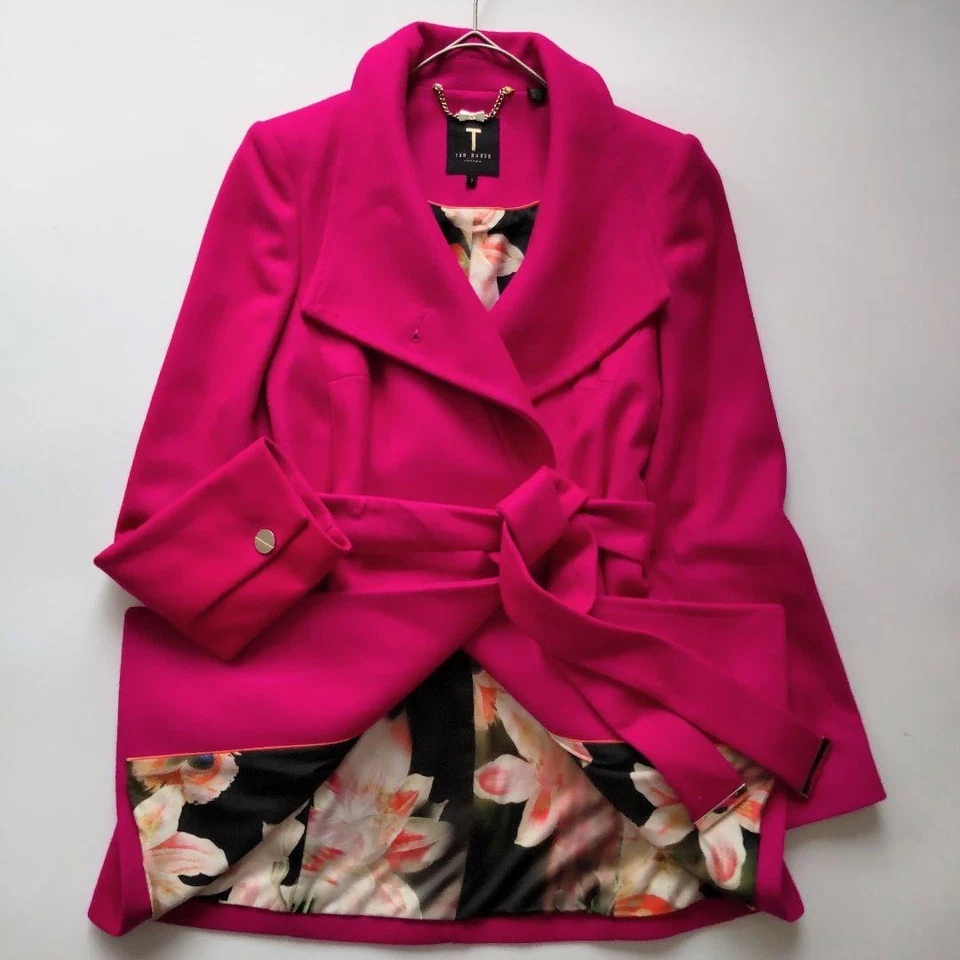 Ted Baker кашемир смесь подпоясанный короткое пальто с цветочной подкладкой в розовый - Изображение 1 из 4