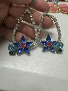 Orecchini Vintage Statement Pendenti Floreali Strass Goccia a Strappo Clip On ND - Foto 1 di 6