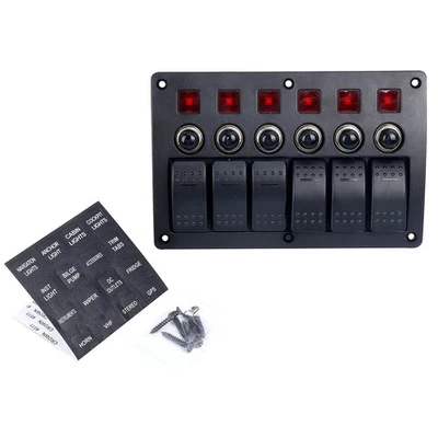 Waterproof 6 Gang Red LED ON/Off Rocker Switch Panel with Circuit Breaker - Imagem 1 de 4