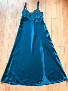 VTG SZ Small Y2K  Victorias Secret Dress Slip Gown Blue Green Satin Lace Maxi - Picture 1 of 10