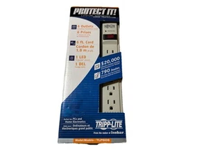 TRIPP LITE TLP606 Surge Protector Strip,6 Outlet Gray 1 LED (Green) 6Ft Cord - Picture 1 of 4