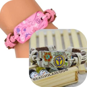 2 pcs Butterfly Flower Leather Bohemian Bracelets w Rope Toggle - Picture 1 of 4