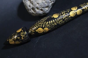 Handmade Support Spindle | 11" Beech Wood | Black & Gold Botanical | Yarn Spinni - Picture 1 of 14