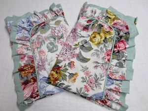 Pair COTTAGECORE FARMHOUSE Pink Green Floral Cotton Ruffled EURO Pillow Shams - Picture 1 of 5
