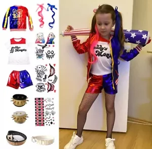 Girls Harley Quinn Inspired Costume Set 8pcs Cosplay Halloween Dress Up - Picture 1 of 7