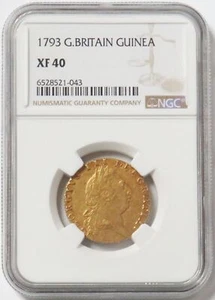 1793 GOLD GREAT BRITAIN 1 GUINEA KING GEORGE III SPADE GUINEA NGC XF40 - Picture 1 of 3