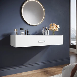 White High Gloss Hanging Dressing Table Vanity Wall Mounted with Storage Drawer - Picture 1 of 19