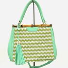 Green & White Summer Satchel With Bamboo, Woven Panel, And Faux Leather ? Unusua