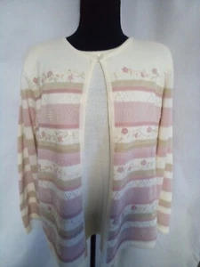 alfred dunner womans layered sweater pink cream and green pink flowers beads LG - Picture 1 of 10