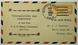 1934 FDC USS Macon Airship Thanksgiving Day Greetings Airmail First Day Cover - Picture 1 of 2