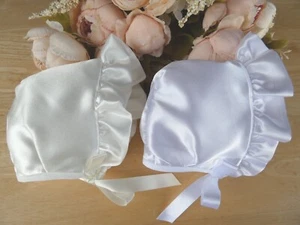 Baby Girl Satin Bonnet Christening Hat White Cream Lined Ribbon Ties 0 3 6 12m - Picture 1 of 28