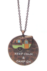 Keep Calm & Camp On Happy Camper Necklace Round Circle Copper Color Necklace - Picture 1 of 1