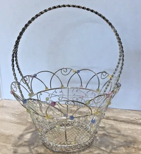 Cesto argento in metallo primavera estate perline floreale decorazione casa vacanze - Foto 1 di 5