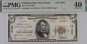 1929 $5 National Bank Cliffside Park, New Jersey CH# 14162 PMG 40 rare 17 known - Picture 1 of 2