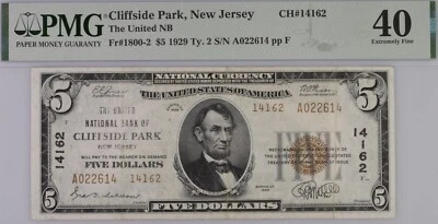 1929 $5 National Bank Cliffside Park, New Jersey CH# 14162 PMG 40 rare 17 known - Image 1 of 2