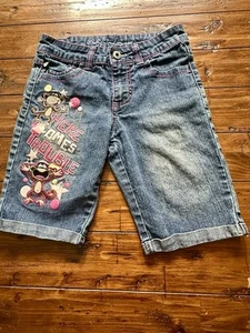 Y2K Bobby Jack Angel Monkey Embroidered Peace Denim Jean Shorts Girls Sz. 10 - Picture 1 of 8