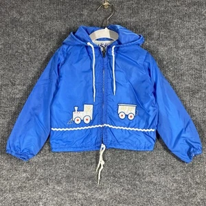 VINTAGE 70s Kids Toddler Zip Up Windbreaker Jacket Size 6 Blue Embroidered Train - Picture 1 of 16