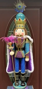 Pier 1 Large Wooden Nutcracker King PEACOCK Purple Blue Green 36” (40” W/Feather - Picture 1 of 10