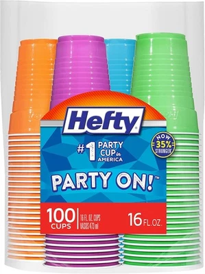 REYNOLDS CONSUMER PRODUCTS Hefty Party On Disposable Plastic Cups, Assorted, 16 Ounce, 100 Count