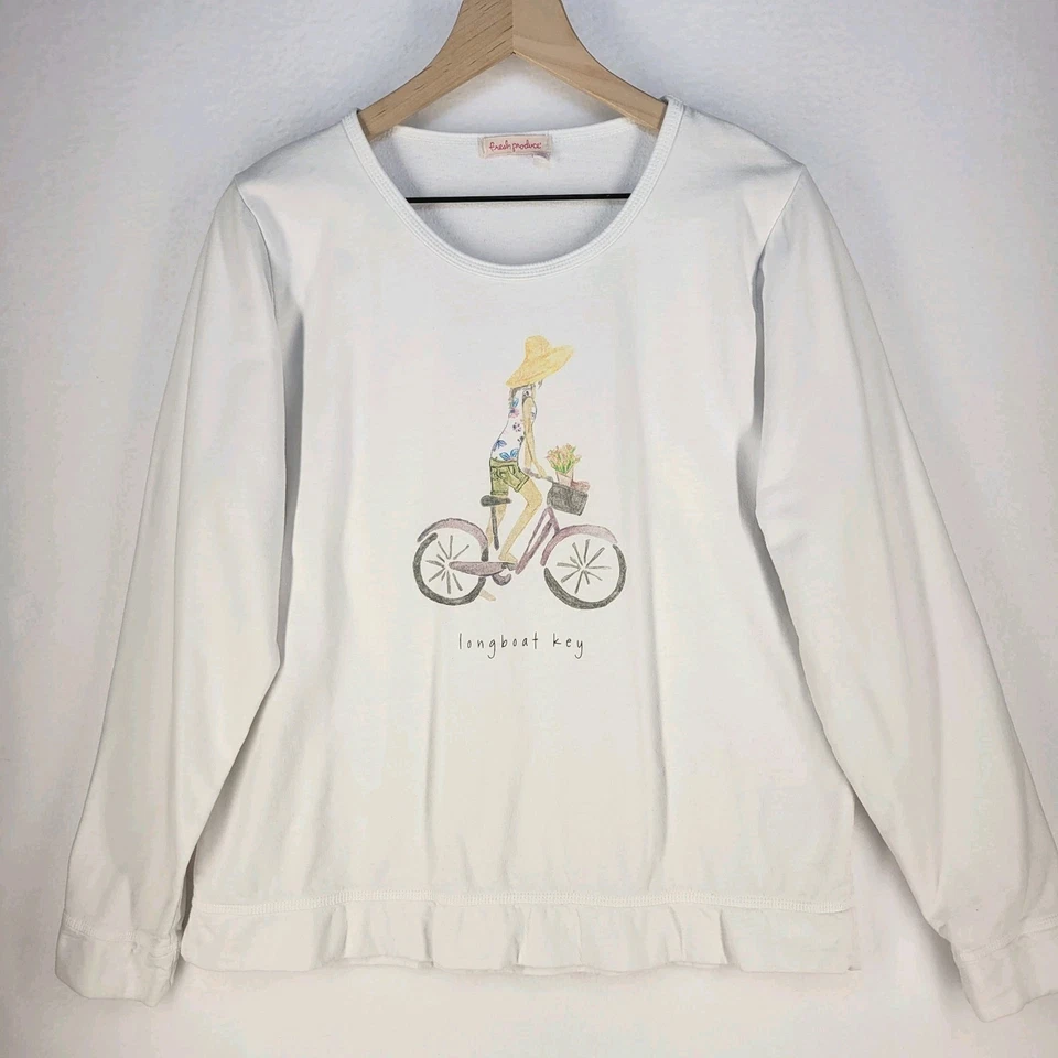 Sudadera de felpa francesa blanca FRESH PRODUCT talla L bicicleta playa arte caprichoso EE. UU.  Foto 1 de 4