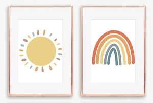 2 x A4 Nursery/Baby/Kids Play Room Wall Print Watercolour Patel Rainbow Sun - Picture 1 of 1
