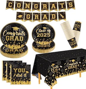 Graduation Plates and Napkins 2025 Black Gold Graduation Party Supplies Decorati - Picture 1 of 12