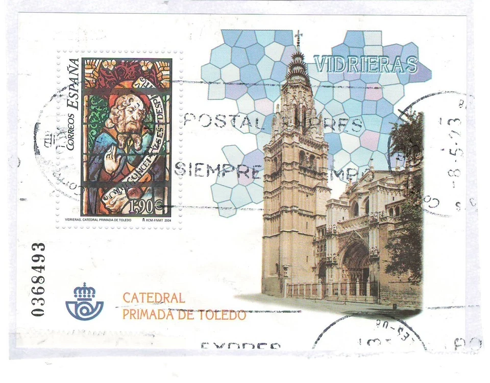 stamp SPAIN Toledo Cathedral Stained Glass 2004 cancelled block art - Image 1 of 1