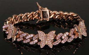 PDJ BUTTERFLY Cuban Miami Women's Bracelet Lab Sim Diamonds Rose Gold Finish - Imagen 1 de 6