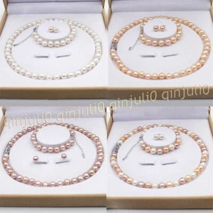 Genuine Natural Freshwater Cultured Pearl Necklace Bracelet Earrings Jewelry Set - Picture 1 of 25