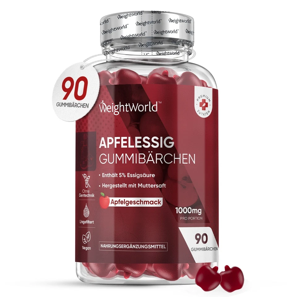WEIGHTWORLD Apfelessig 90Gummibärchen - Vitamin C - Immunsystem - Vitamin B12 - Stoffwechsel