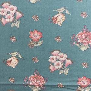 1 Yard VTG Blue Cotton Fabric Joan Kessler Concord Fabrics Pink Floral - Picture 1 of 3