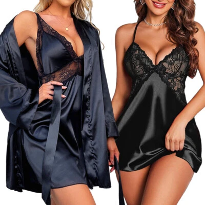 Mujeres Sexy Kimono Bata de Baño Satén Sedoso Encaje Lencería Prendas para dormir Vestido Camisón Foto 1 de 4