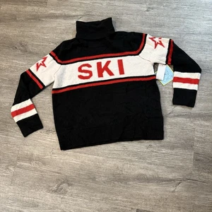 NUEVO CON ETIQUETAS $89 CeCe “SKI” Motivo Cuello Alto Suéter Negro Rojo Marfil Invierno Vacaciones Pequeño - Imagen 1 de 8