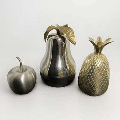 Juego de 3 esculturas decorativas piña pera manzana latón acero inoxidable plata oro Foto 1 de 4