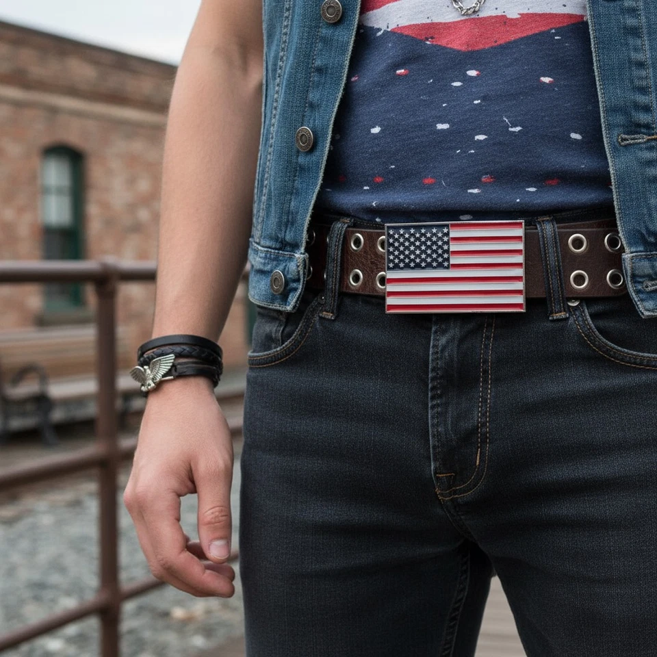 男式女式皮带扣金属银美国美国国旗军队红色蓝色 — 第 1/4 张图片