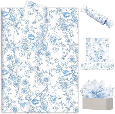 100 Sheets Blue Floral Tissue Paper Flower Gift Wrapping Paper Vintage Decorativ - Image 1 of 4