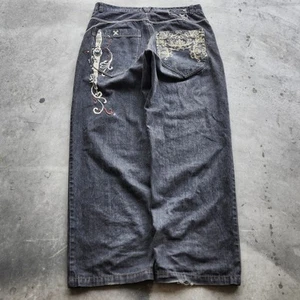 Vintage Russo Spirit Y2k Embroidery Baggy Tribal Streetwear Wide Denim Jeans - Picture 1 of 7