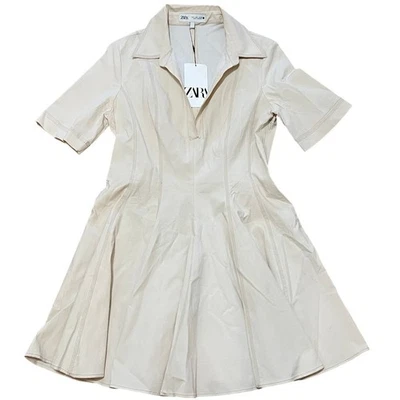 ZARA Beige Cotton Blend Button Neck Fit Flare Dress Short Sleeve Women's Large - Image 1 of 4