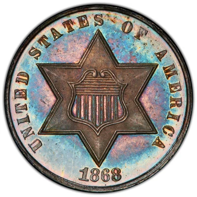 1868 3cs 🌈PCGS PR-66+CAM✳️CAC✳️ 3 Cent Silver Proof 🌈TONED;ONLY 600 MINTED!!!! - Image 1 of 3