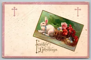 Postal Saludo Pascua Conejo Blanco Tirando Carruaje Huevos Colores Cruz - Imagen 1 de 2