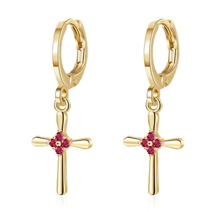 18k Layered Real Gold Filled Hanging Cross Earring Red Stones - Picture 1 of 4