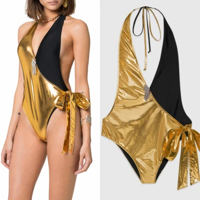 Talla S NUEVO $950 GUCCI Negro DORADO COJO Escote Sumergido Halter CUERPO TRAJE DE BAÑO Y ALFILER Foto 1 de 4
