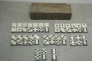 Vintage Domino Set Bovine Bone & Wood Brass Pins with original Wooden Box - Picture 1 of 8